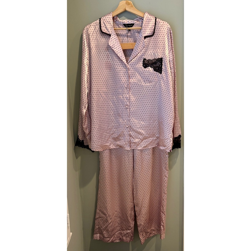 PajamaGram Pink Polka Dot Pajama Set‎ Lace Trim Long Sleeve LRL501A